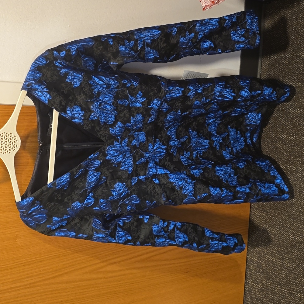 Elegant Taste Black and Blue Floral Jacquard Mini Dress